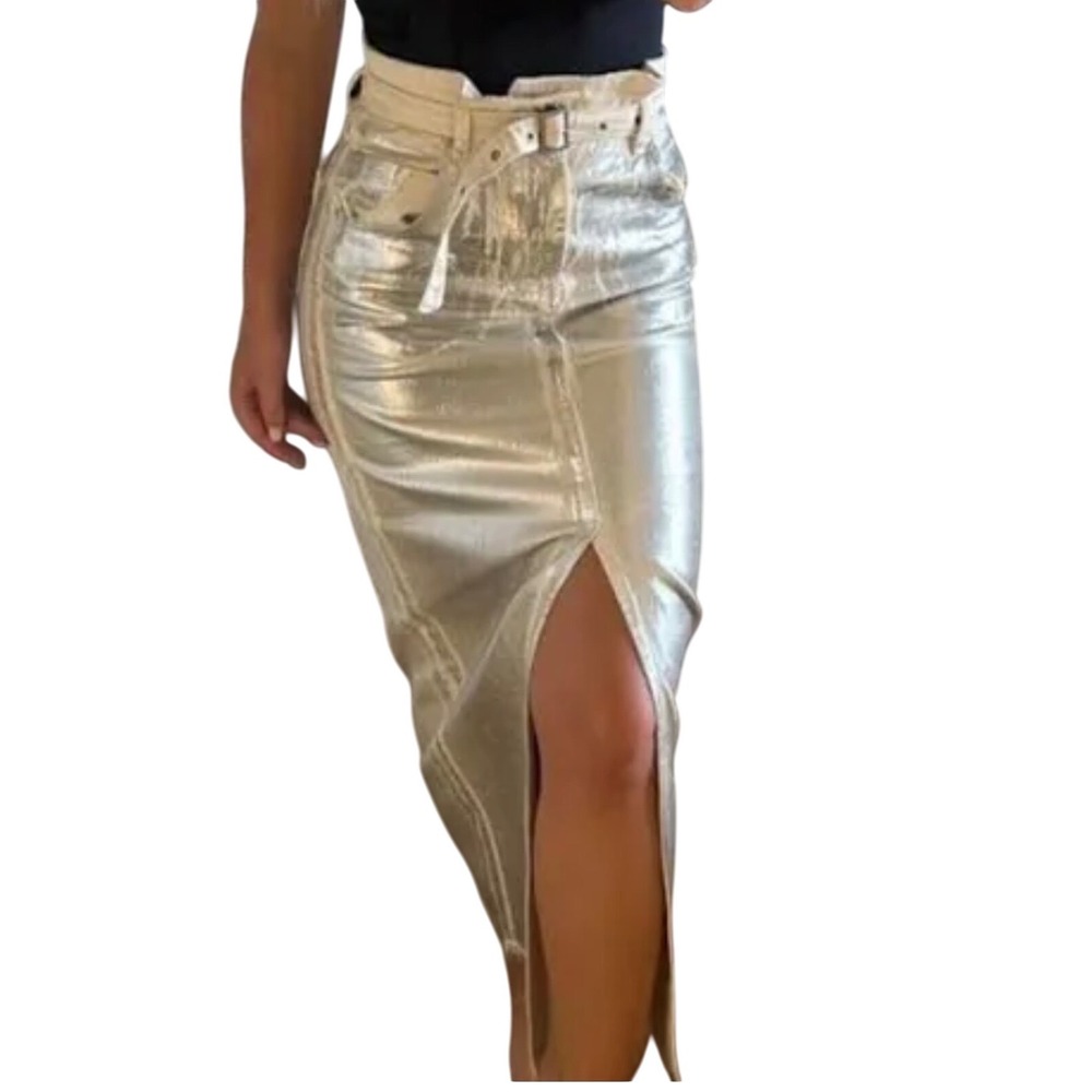 ZARA NWT Metallic Silver‎ High Rise Coated Denim Maxi Skirt Slit Front Size L